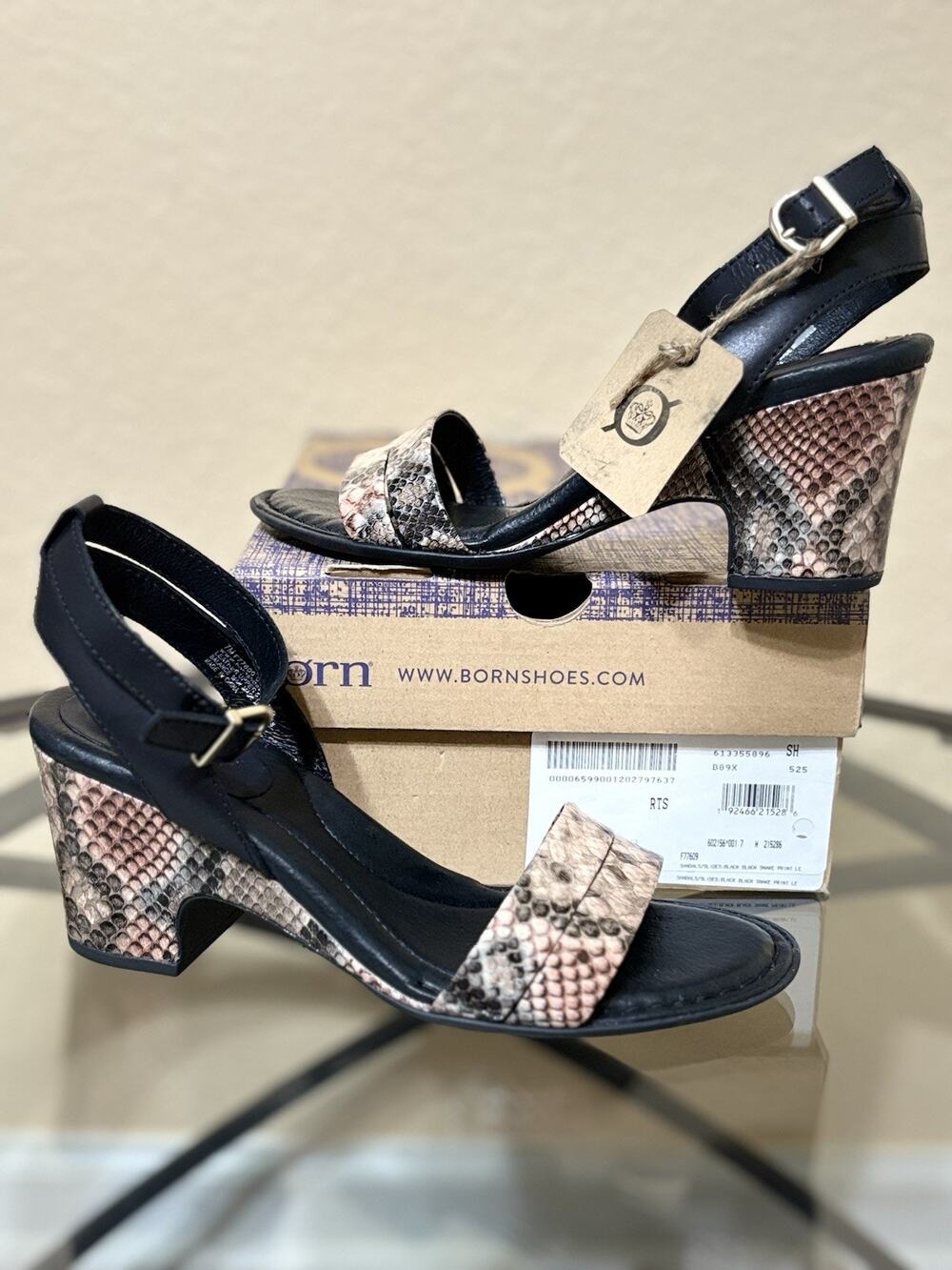 BORN Leather Sandals Slides Black Brown Snake Print Ankle Wrap Strap Size 7M